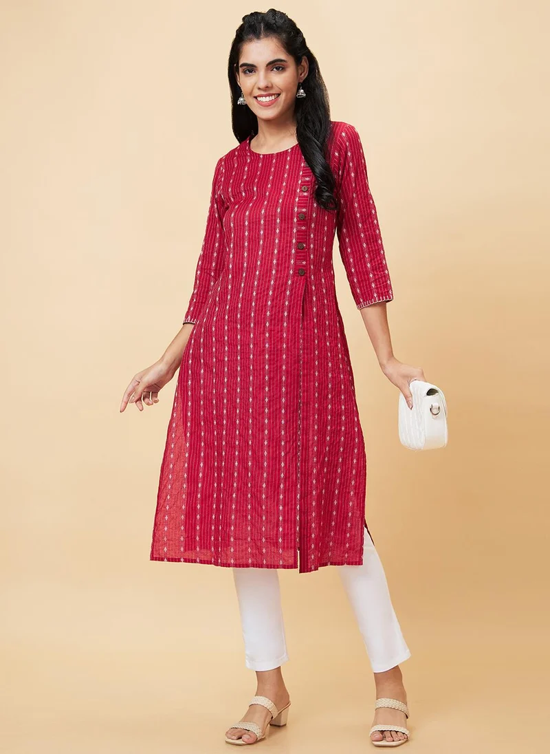 جلو باص Globus Women Maroon Geometric Printed Mandarin Collar Pure Cotton Straight Festive Kurta